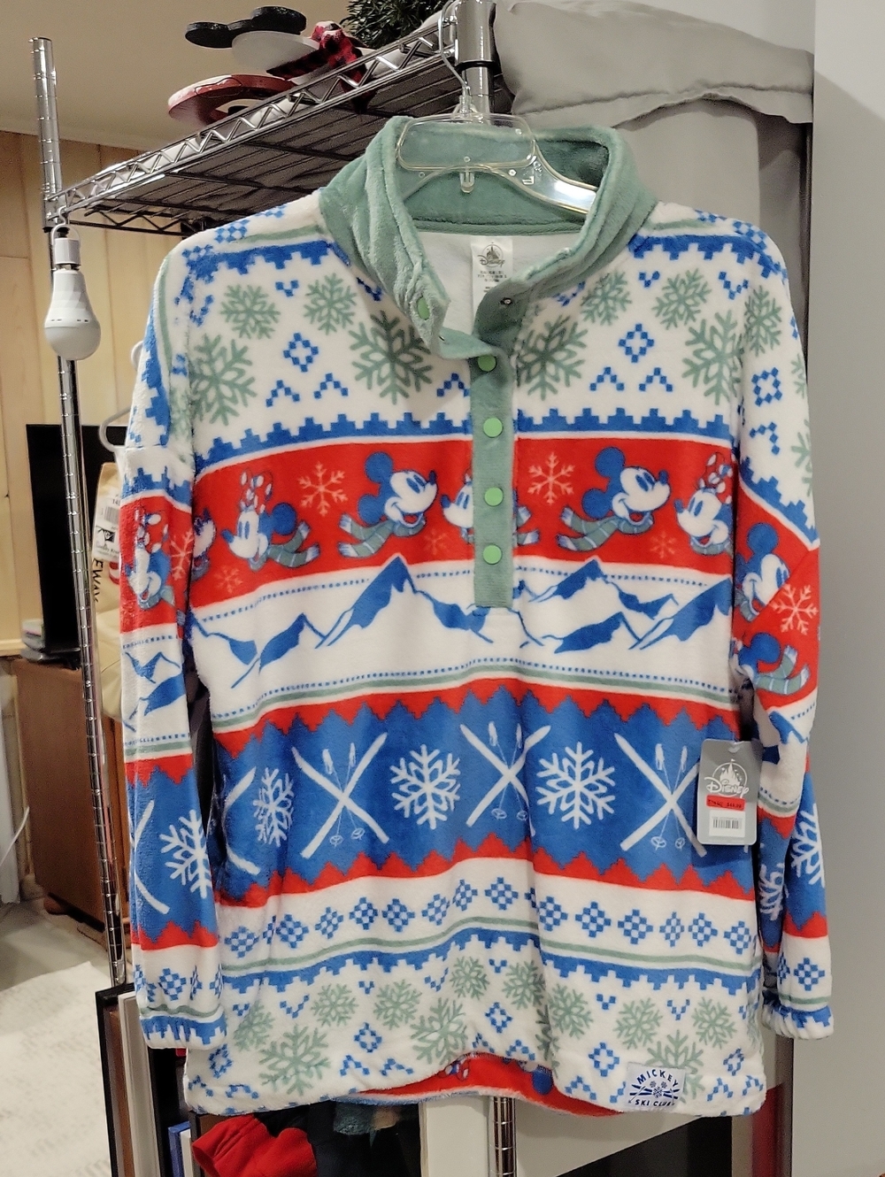 Disney Mickey Ski Fleece Zip-Up Pullover Red, Blue, White & Green Adult Size Lrg
